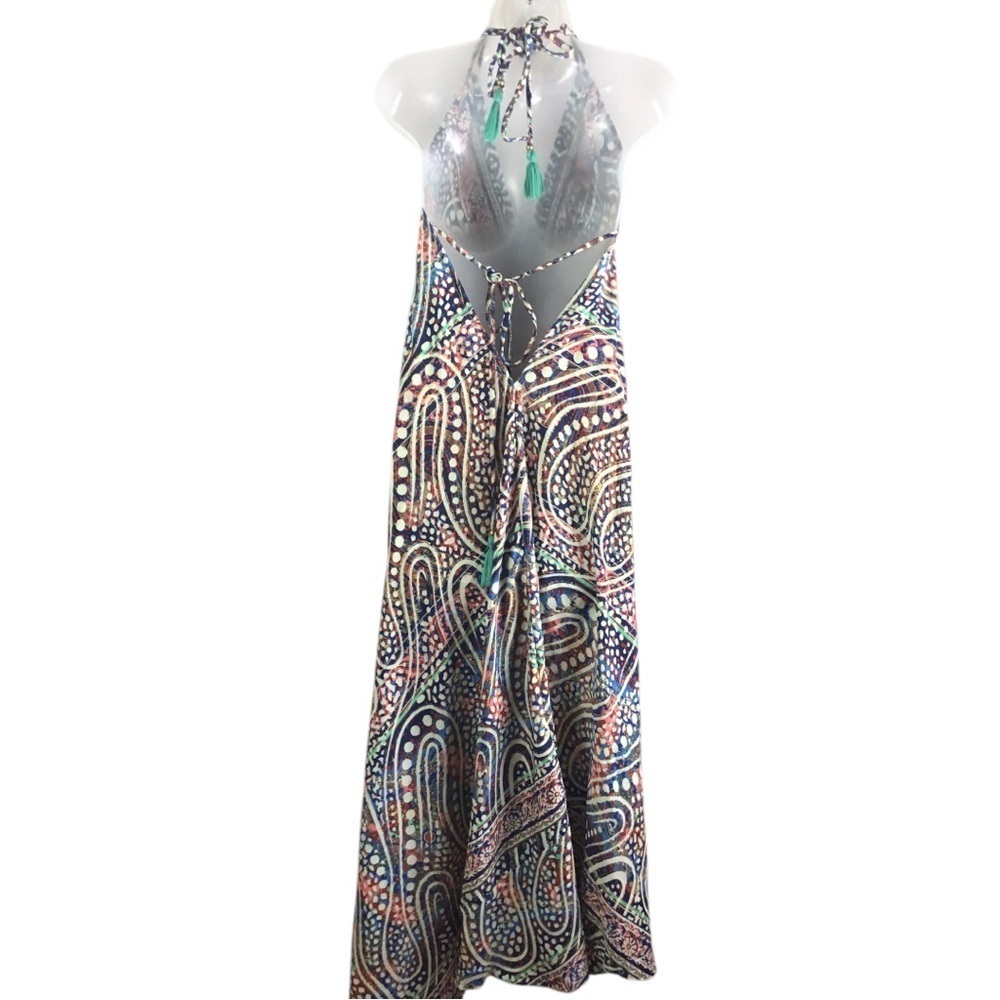 Bigg Bull Silk Boho Backless Halter Maxi Dress Green Blue Gold Metallic - Picture 5 of 13